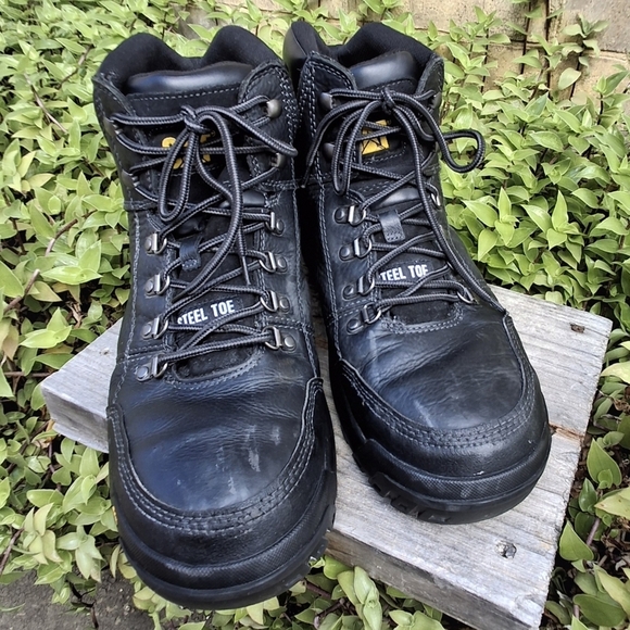Caterpillar Steel Toe Work Boots Mens 9 Black Leather Lace Up Padded Collar Caterpillar Black Leather Work Boots main image 2